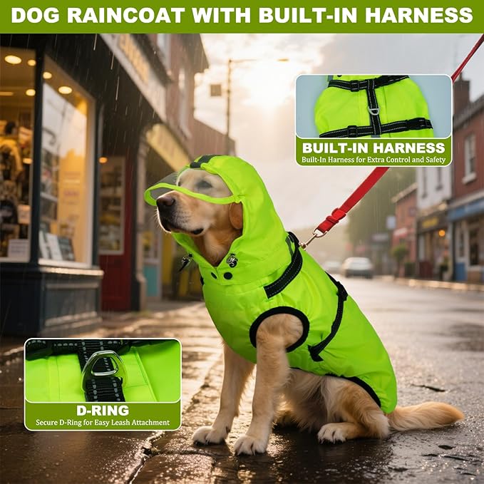 Dog Rain Jacket for Medium Dogs Waterproof with Hood, Reflective Dog Rain Coat with Adjustable Built-in Harness & Back Zipper, for Rainy Walks, Muddy Roads - Fluorescent Green M