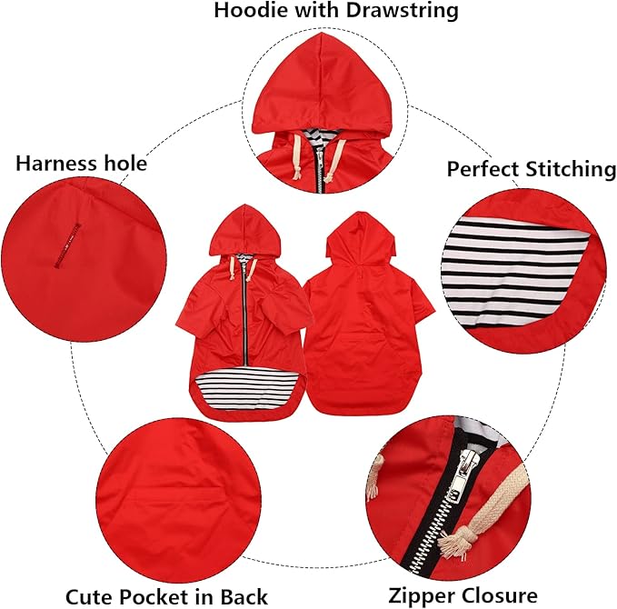 Dog Raincoat rain Jacket Raincoat Dogs Waterproof Small Medium Breeds Zip Closure Storage Pocket Harness Hole Red XL