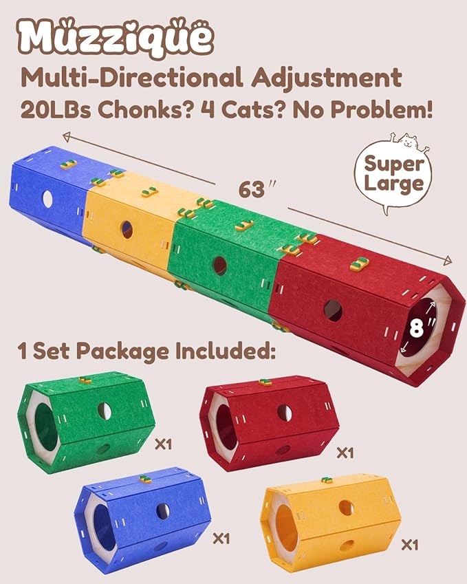 Cat Tunnel Bed, for Indoor Cats, DIY Transformable Pet Tunnel Tube, 8 Way Hiding Large Washable Kitty Play Toy, Puppy Circle House, Expandable Hideaway Peekaboo Kitten/Rabbit Cave, Hideout Cube, 1 Set
