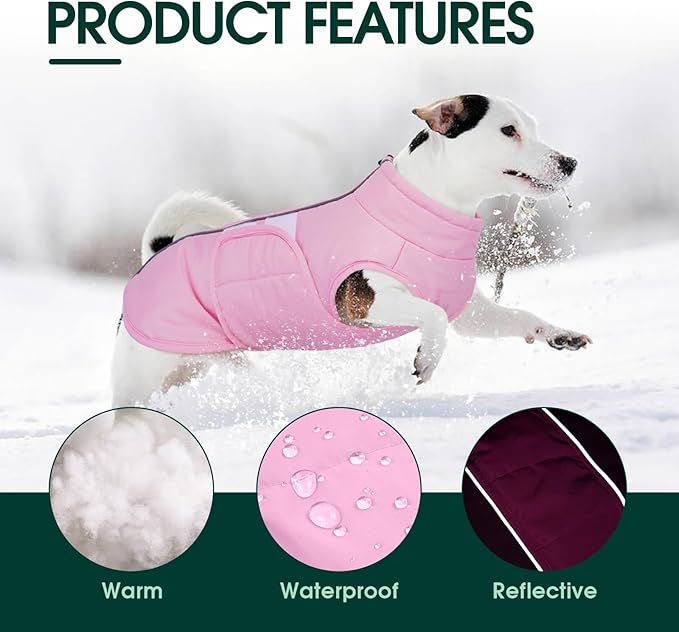 Kuoser Dog Jacket, Winter Dog Coats for Medium Dogs, Reflective Doggie Cold Weather Coats Pet Clothes, Puppy Snow Jacket for Frech Bulldog, Boston Terrier, Pink M