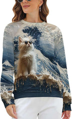 Long Sleeve Shirts for Women Cat Oil Painting Shirt 3D Graphic Sweatshirts Fall Pullover Crewneck Vintage Boho Tops