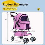 FDW Pet Stroller 4-Wheel Dog Cat Stroller Travel Folding Carrier Puppy Stroller with Cup Holder and Removable Liner for Small Medium Dogs Cats, Pink