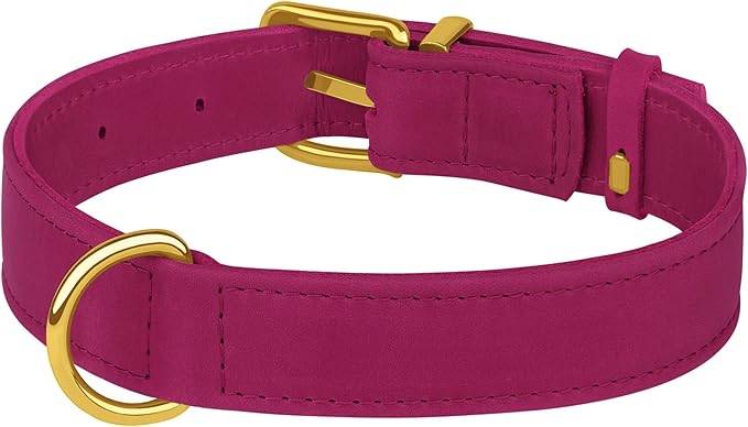 Leather Dog Collar - Heavy Duty Adjustable Soft Padded Pet Collars for Small Medium Large Dogs Breed - Black Green Brown Pink Red Blue (Pink, M, 12"-15" Neck Fit)