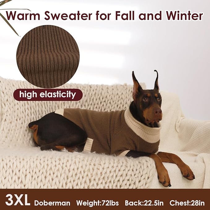 Extra Large Dog Sweater, Sleeve Turtleneck Sweater with Harness Hole, Christmas Pullover Sweaters for Dogs Boy Girl, Winter Dog Jumper for Rottweiler, Alaskan, Great Dane, Brown 4XL