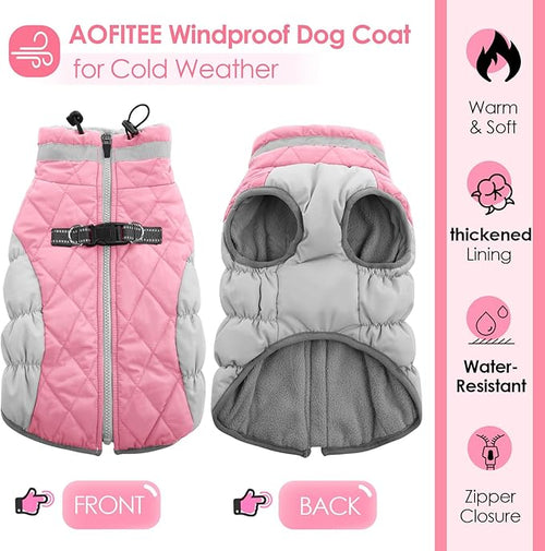 AOFITEE Dog Coat, Warm Dog Winter Coat, Reflective Cold Weather Dogs Puffer Jacket with Harness Built in, Waterproof Pet Fleece Vest Snowsuit for Small Medium Large Dogs, Pink L