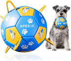 Size 2 Dog Soccer Ball with Straps Durable Training Ball for Pets Interactive Outdoor Dog Toy, Blue & Yellow, Paw Prints and Feather Design, for Small to Medium Puppies