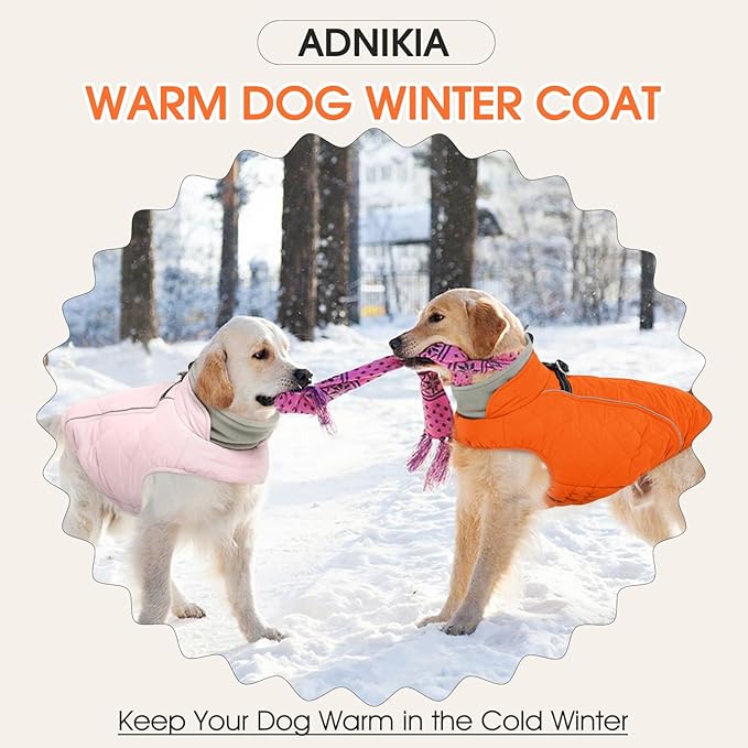 Dog Coat with Harness Built in -Orange,3XL- Fleece Lined Dog Snow Jacket Snowsuit，Adjustable Reflective Winter Warm Cold Weather Coat