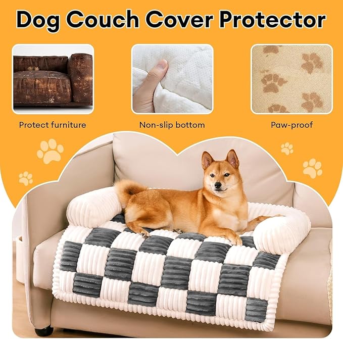 FUNNY FUZZY Pet Couch Covers for Sofa, Dog Couch Bed Washable Plush Pets Mat for Furniture Protector Cream Square Plaid Cozy Sofa Pad for Cats, Black