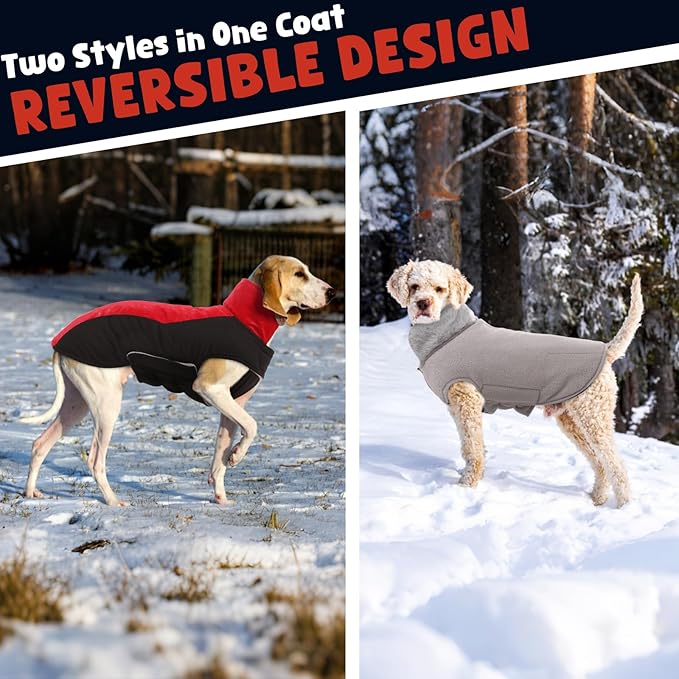 Warm Dog Coat,Waterproof Jacket in Winter Adjustable and Reversible Doggy Fleece Outfit,Thick Clothes with Foldable Collar for Puppy in Cold Days,S Red