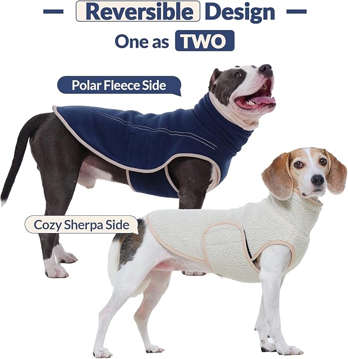 ROZKITCH Reversible Large Dog Jacket, Warm Fleece Sherpa Sweater with Leash Hole, Windproof Cold Weather Coat Winter Clothes Double-Sided Winter Vest for Large Giant Breeds DarkBlue 4XL