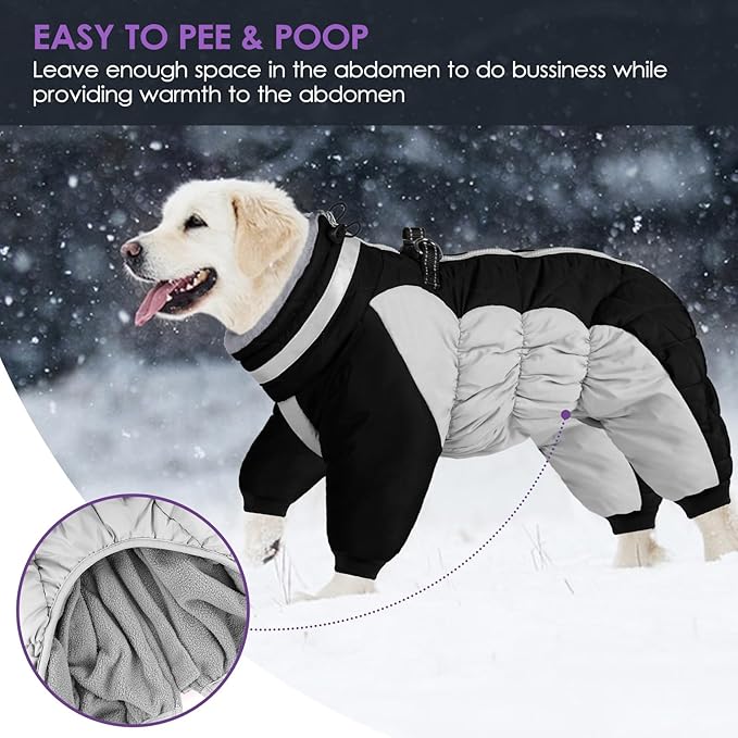 SUNFURA Full Body Dog Coat - Warm Fleece Jacket for Medium Dogs, Turtleneck Winter Coats with Harness, Reflective Dog Snowsuit Windproof Puffer Jackets with Legs for Boston Terrier, Black M