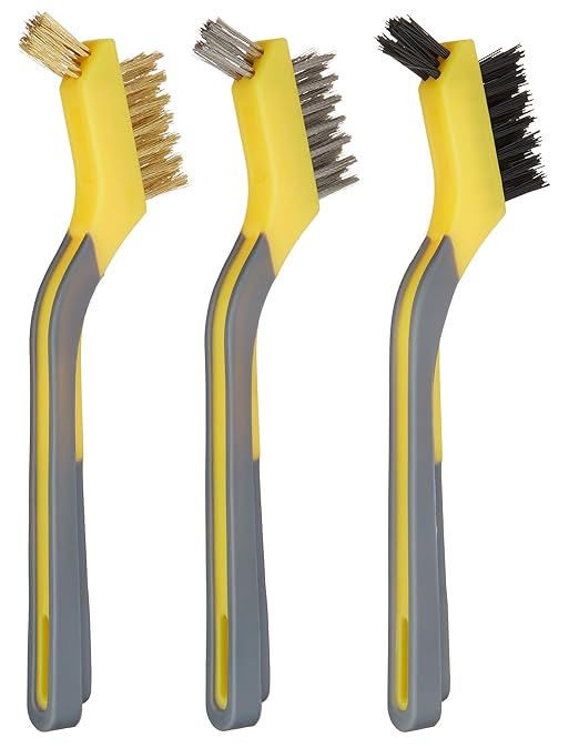 Amazon Basics Soft Grip Assorted Mini Brush Set, 1 Nylon, 1 Brass, 1 Stainless, Black, yellow