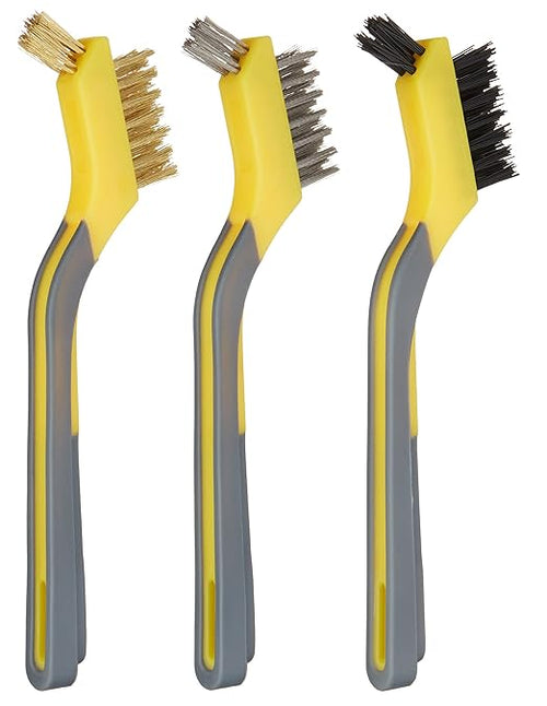 Amazon Basics Soft Grip Assorted Mini Brush Set, 1 Nylon, 1 Brass, 1 Stainless, Black, yellow