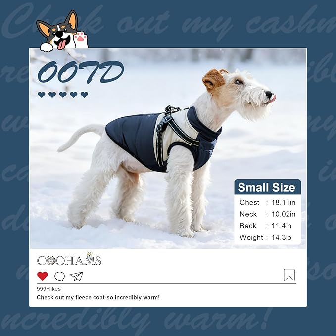 Dog Winter Coat for Small & Medium Dogs (Up to 31lb), Waterproof Dog Coat with Harness, Puppies Windproof Puppy Puffer Jacket, Snowsuit for Dachshund,Frenchie, Corgi (Classic Blue, Small)