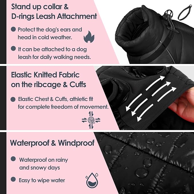 AOFITEE Dog Coat, Waterproof Dog Winter Jacket, Warm Fullbody Dogs Snowsuit, Winter Coat for Small Dogs, Zip Up Pet Puffer Jacket Fleece Vest, Outdoor Reflective Cold Weather Pet Coats, Black L