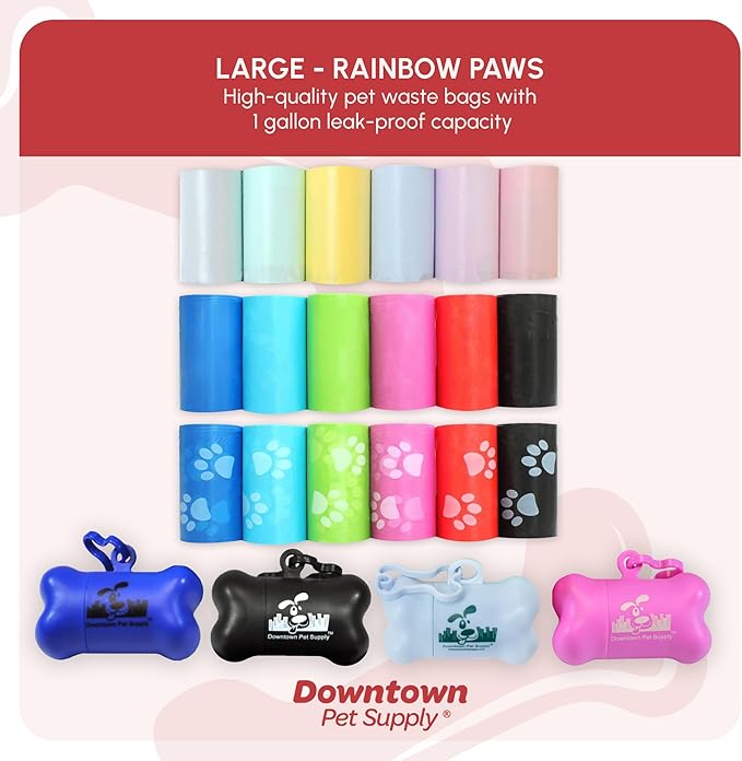 Downtown Pet Supply Poop Bags for Dogs with Dispenser, 2200 Count - Leak-Proof Dog Waste Bags and Bone-Shaped Dog Poop Bags Holder for Leash - Rainbow with Paw Prints of Colors, 12.5" x 8.5"