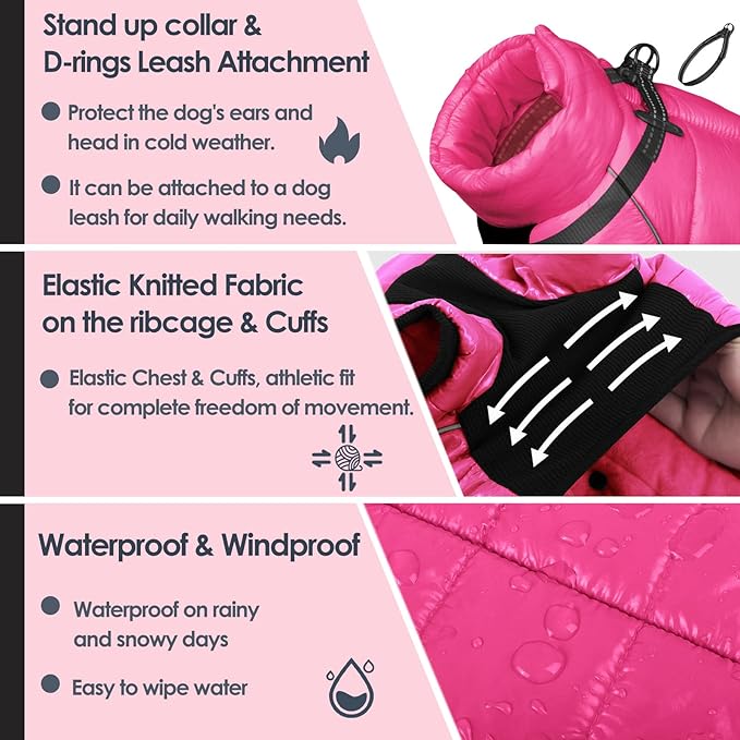 AOFITEE Dog Coat, Waterproof Dog Jacket for Winter, Warm Fullbody Dogs Snowsuit, Winter Coat for Small Dogs, Zip Up Pet Puffer Jacket Fleece Vest, Outdoor Reflective Cold Weather Pet Coats, Rose Red