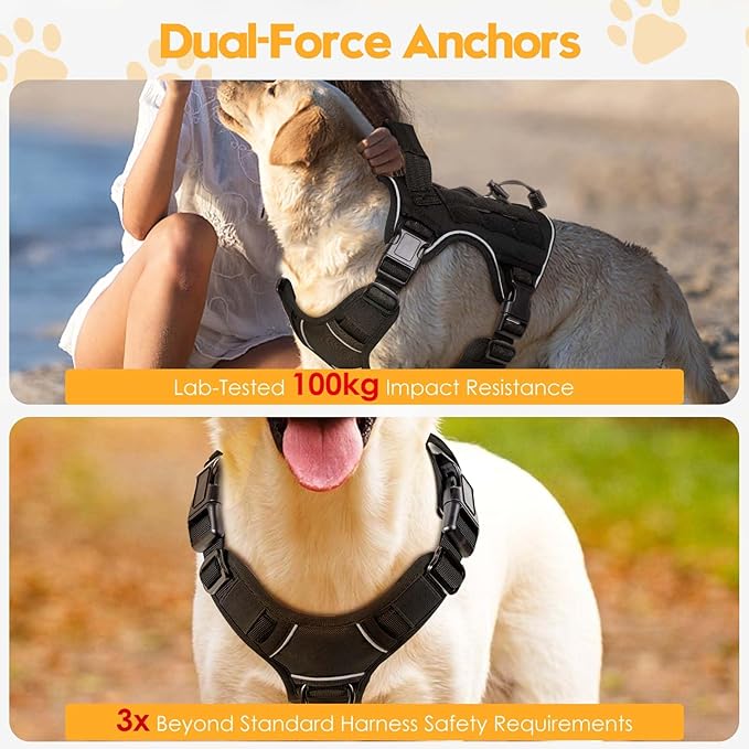 Heavy-Duty Tactical Dog Harness for Large Dogs, No Pull Adjustable Reflective Pet Vest with Molle System, K9 Military-Grade Control for Service Training, Outdoor & 10+ Breeds, Black, Medium