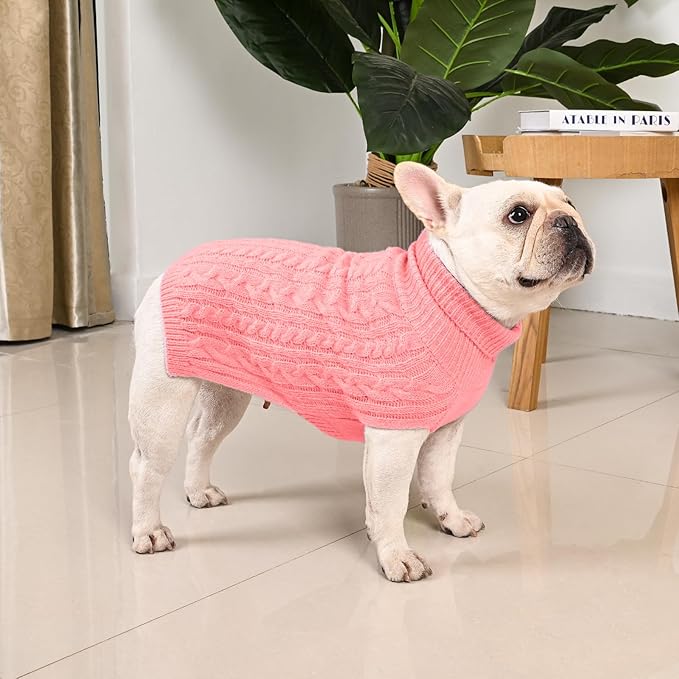 2 Pack Dog Sweaters for Medium Dogs Turtleneck Pullover Cable Knit Stretch Clothes French Bulldog Dachshund Boston Terrier Corgi Beagle Pug Boy Girl Pets Winter Clothes (L, Pink & Red)