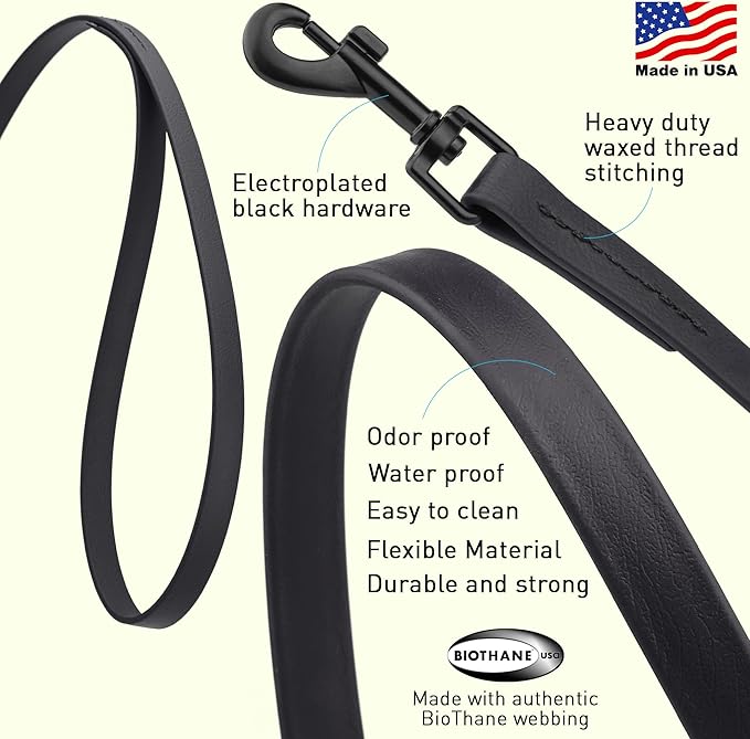 Dogline Biothane Waterproof 4ft Dog Leash Strong Coated Nylon Webbing with Black Hardware Odor-Proof Easy to Clean High Performance for Small or Large Dogs Made in USA 4ft Lead, Black