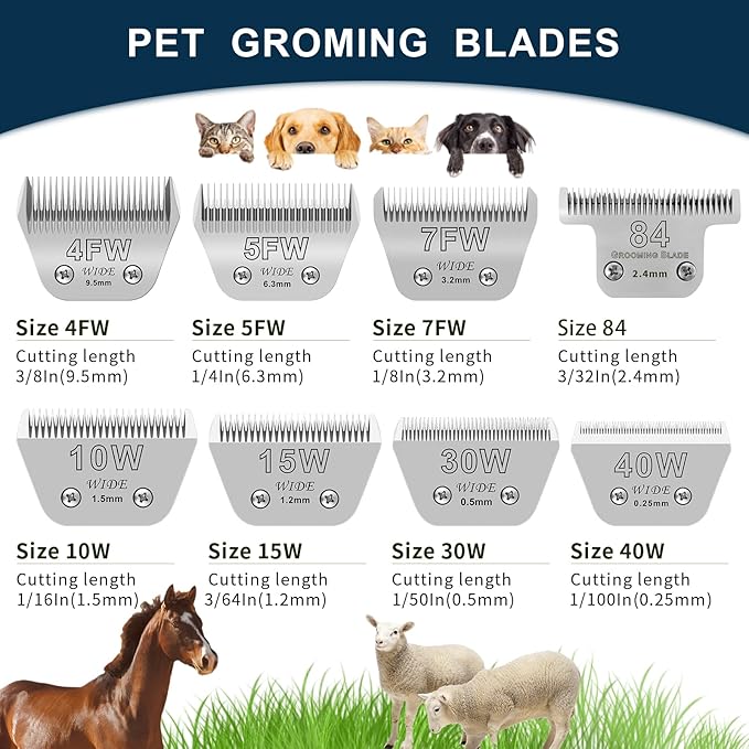 30W+10W+7FW+5FW+4FW Wide Pet Dog Grooming Detachable Blades Kit,Compatible with Andis,Oster A5,Wahl KM10 Clippers,Cut Length 1/50"(0.5mm) to 3/8" (9.5mm),5 Pack