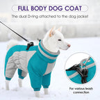SUNFURA Full Body Dog Coat - Warm Fleece Jacket for Large Dogs, Turtleneck Winter Coats with Harness, Reflective Dog Snowsuit Windproof Puffer Jackets with Legs for French Bulldog, Turquoise L