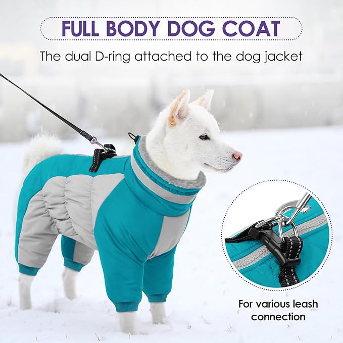 SUNFURA Full Body Dog Coat - Warm Fleece Jacket for Small Dogs, Turtleneck Winter Coats with Harness, Reflective Dog Snowsuit Windproof Puffer Jackets with Legs for Chihuahua, Yorkie, Turquoise XS