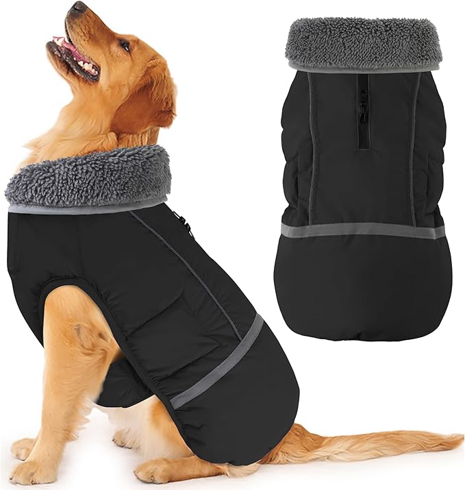 Dogcheer Warm Dog Coat, Waterproof Dog Jacket Christmas Puppy Winter Coat with Buckle, Reflective Adjustable Pet Snow Jacket Turtleneck Fleece Sweater for Small Medium Large Dogs - Black, 2XL