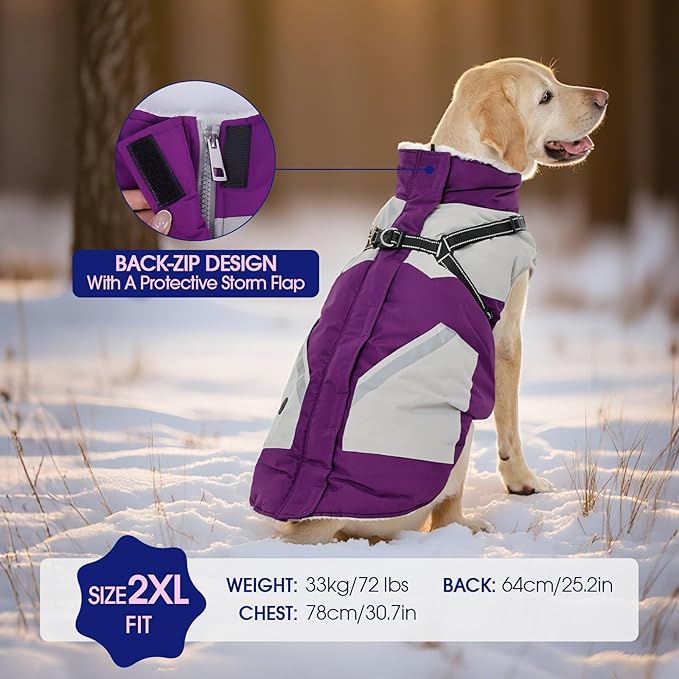 FUAMEY Dog Winter Jackets for Large Dogs,Dog Coat with Harness Built in,Waterproof Dogs Snowsuits Warm Pet Jacket Zip Up Fleece Cold Weather Coats Reflective Puppy Vest with Pocket Purple XL