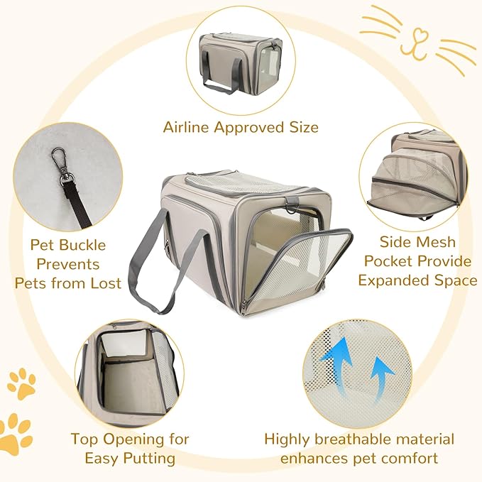 Cat Carrier Soft for Pets Up to 15 Lbs, TSA Airline Approved Pet Carriers, Expandable Dog Carrier for Travel, Soft Sided Collapsible Pet Travel Carrier for Cats and Small Dogs, Grey