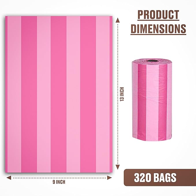 Parisian Pet Ecofriendly Dog Poop Bags Rolls - 320 Count Unscented Poop Bags For Dogs - Leakproof, Extra Thick, 16 Dog Waste Bags Refill Rolls - Stripes Dots Pink Doggie Poop Bags