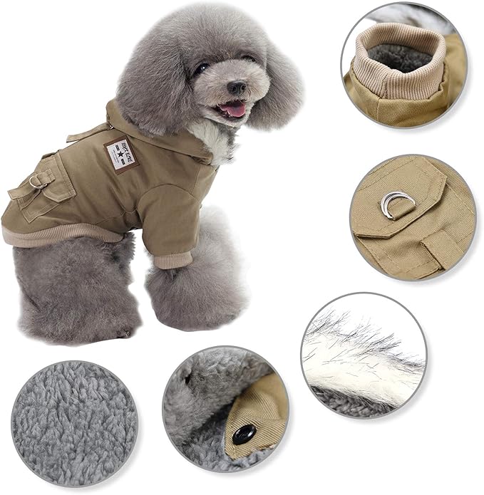 Warm Dog Hooded Trench Coat Windproof Parka Jacket for Cold Weather (S, Khaki)