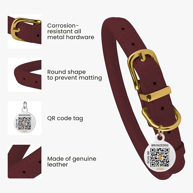 BronzeDog Rolled Leather Dog Collar with QR ID Tag, Adjustable Soft Round Collars for Small Medium Large Dogs Puppy (9" - 11" Neck Size, Burgundy)