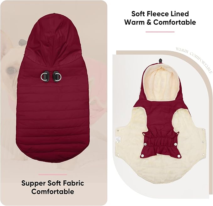 Fleece Lining Dog Hoodie with Harness Built in,Extra Warm Medium Dog Jacket in Winter Doggie Coats with Drawstring Hooded,Red XL