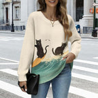 Women's Cat Printed Sweater Oversized Cable Knit Long Sleeve Christmas Clothes Casual Autumn Winter Fashion Tops
