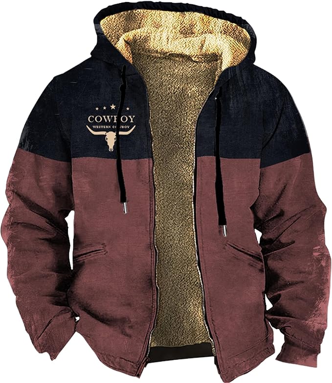 Men's Western Aztec Jackets Hooded Cowboy Hoodie Warm Full Zip Ethnic Vintage Long Sleeve Coat Fall Winter Tops