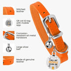 BRONZEDOG Leather Cat Collar with Removable Bells Non Breakaway Kitten QR Tag for Girl Boy (7" - 9" for Cats, Orange & Silver)