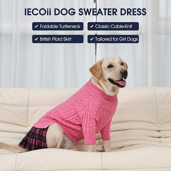 IECOii Big Girl Dog Sweater Dress, Cable Knit Sweater for Extra Large Dogs Girl, Pink, 4XL, Cute Dog Warm Dress for Fall Winter, Good Stretcy Fit Knitwear for Giant Breed Dogs Female Indoor & Outdoor