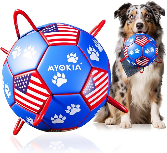 Size 3 Interactive Dog Football with Strap, Blue & Red, Eye-Catching Paw Prints and Flag Design, Ideal Outdoor Training Pet Toy, Perfect Choice for Medium & Large Dogs' Playtime