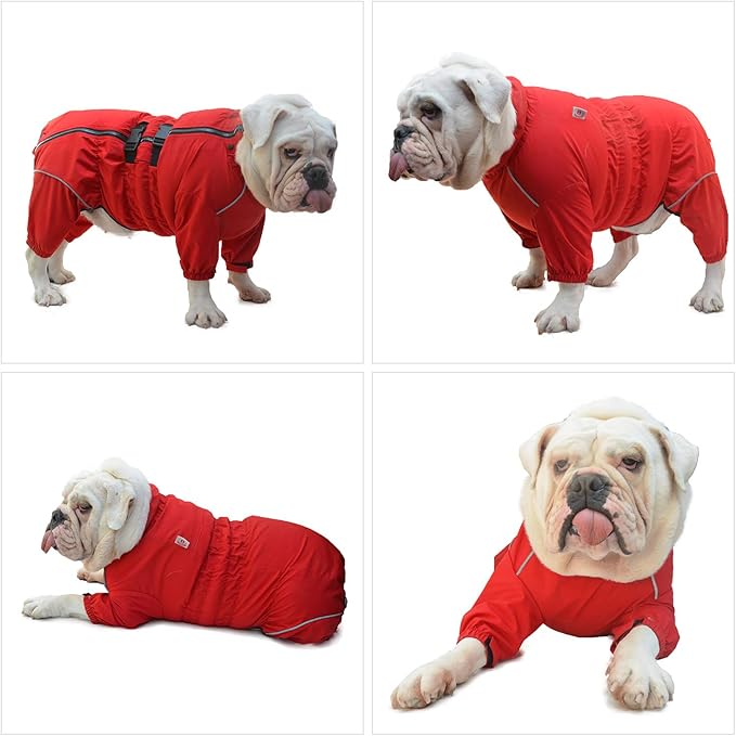 Dogs Waterproof Jacket, Lightweight Waterproof Jacket Reflective Safety Dog Raincoat Windproof Snow-Proof Dog Vest for Pugs English French Bulldog American Pit Bull Red B-M