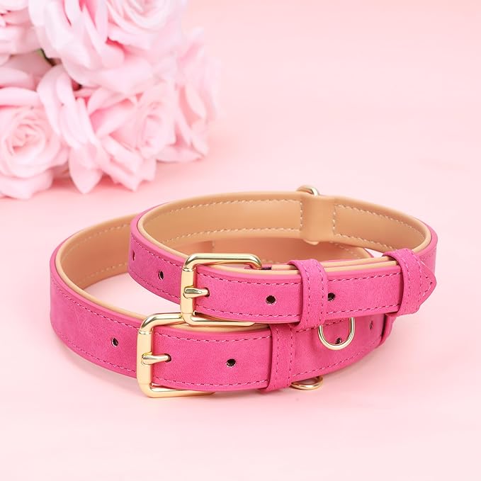 Leather Dog Collar for Small Medium Large Dogs, Soft Padded Dog Leather Collar with Heavy Duty Gold Buckle, Durable & Comfortable for Small Dogs Daily Walking (Hot Pink, S)