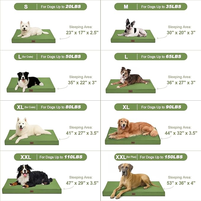 Outdoor Dog Bed for Small Dogs & Cats, Waterproof Dog Crate Mat Orthopedic Egg Crate Foam with Washable Removable Oxford Cover, Light Green