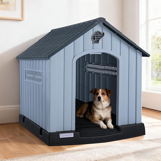 LEMBERI Large Plastic Dog House for Medium Large Dogs, Durable Waterproof Indoor Outdoor Doghouse with Air Vents and Elevated Floor, Easy to Assemble (Gray, 33.5" L x 31.5" W x 33.9" H)