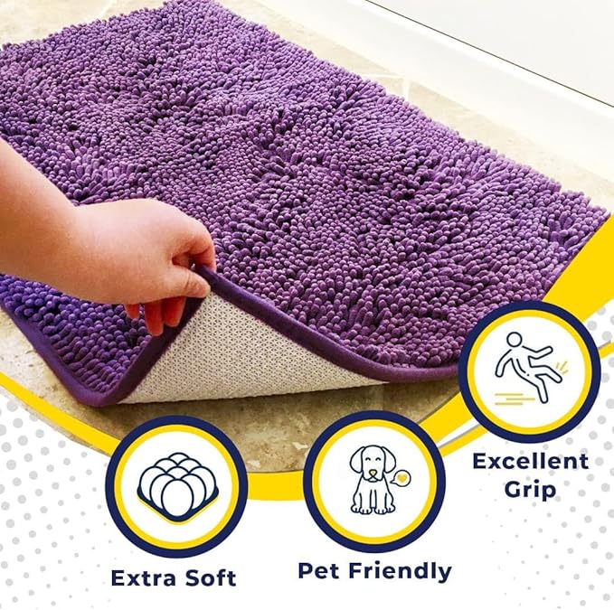 Muddy Mat® AS-SEEN-ON-TV Highly Absorbent Microfiber Door Mat and Pet Rug, Non Slip Thick Washable Area and Bath Mat Soft Chenille for Kitchen Bathroom Bedroom Indoor and Outdoor - Purple 36" x 120"