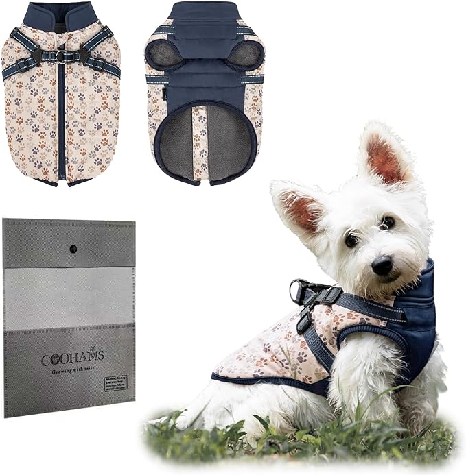 Dog Winter Coat for Small & Medium Dogs (Up to 31lb), Waterproof Dog Coat with Harness, Puppies Windproof Puppy Puffer Jacket, Snowsuit for Dachshund,Frenchie, Corgi (Paw Blue, Medium)