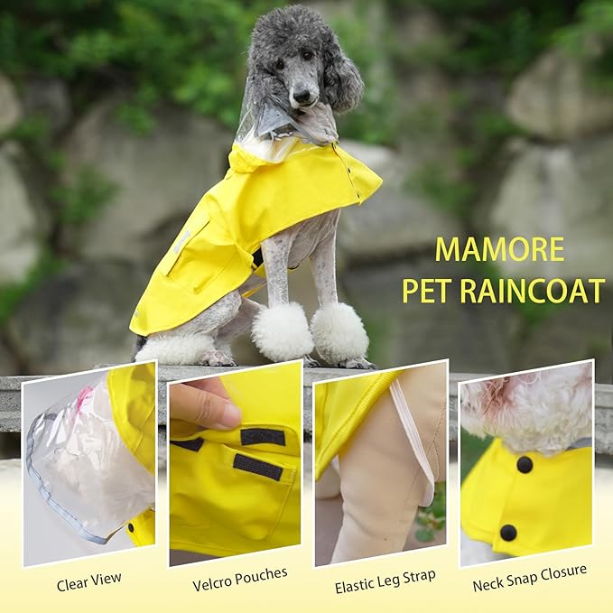 Dog Raincoat Waterproof, Adjustable Reflective Hooded Dog Rain Poncho with Leash Hole for Small Medium Large Dogs (Yellow, Small)
