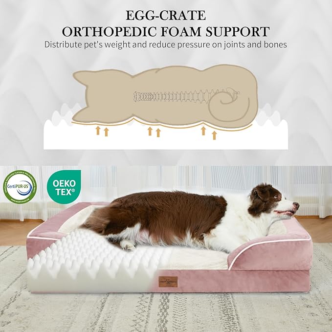 Comfort Expression Orthopedic Dog Bed for Small Dogs 20x14 Inch, Waterproof Supportive Egg Crate Foam Small Pet Bed with Removable Bolsters, Dog Couch with Washable Cover & Non-Slip Bottom, Pink