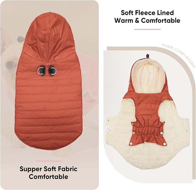 Fleece Lining Dog Hoodie with Harness Built in,Extra Warm Small Dog Jacket in Winter Puppy Coats with Drawstring Hooded,Orange S