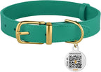 BRONZEDOG Leather Dog Collar with QR ID Tag Basic Pet Collars for Small Mini Dogs Cats Puppies (7-9 Inch (Pack of 1), Green & Gold Buckle)