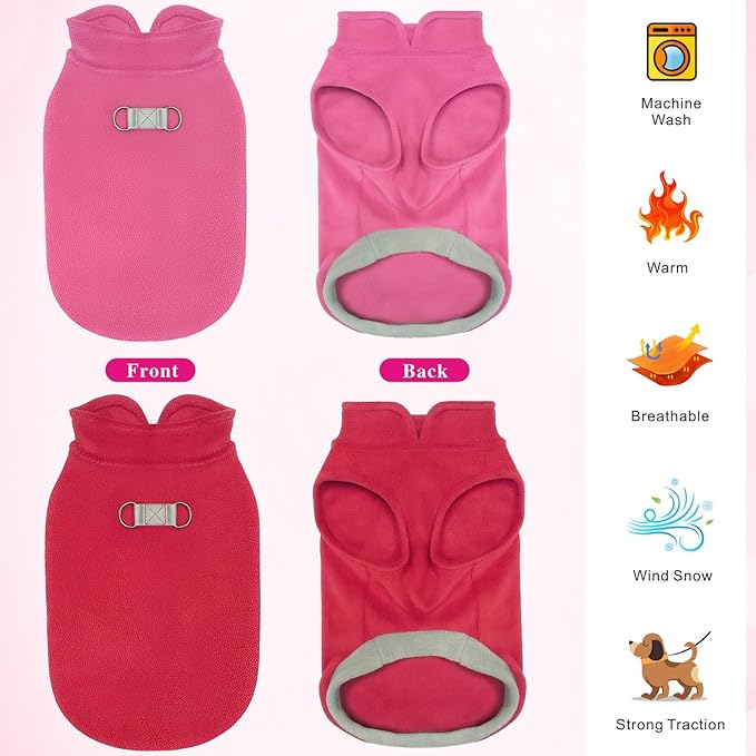Idepet 2 Pack Dog Fleece Vest Sweater Warm Pullover Jacket with D-Ring Leash Reflective Winter Coat Hoodie for French Bulldog Pug Chihuahuas Yorkies Dachshunds(Red&Rose Red,X-Large-French Bulldog)